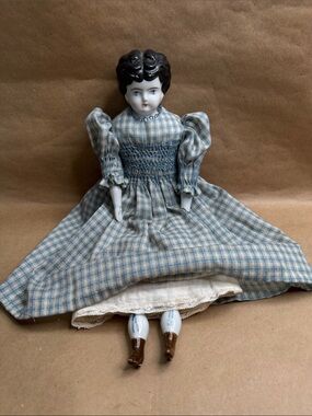 Vintage/Antique Blue Plaid German Porcelain China Doll with Smocked Bodice READ